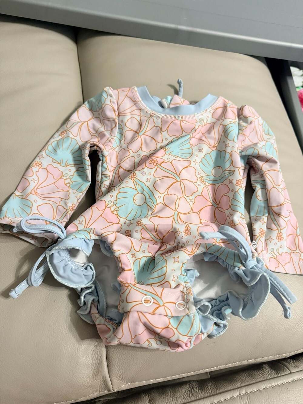 Caden Lane Seashell Floral Rashguard Swimsuit Size 3-6 Months Pink Mint Ruffle